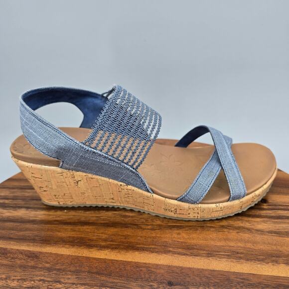 Skechers Sandals Women's 11 Navy Blue Beverlee Slip On Strappy Wedge Open Toe - Picture 1 of 7